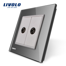 Livolo, Painel de Vidro Cristal Cinza, 2 Gangues Wall TV Soquete / Tomada VL-C792V-15, Sem adaptador de Plugue